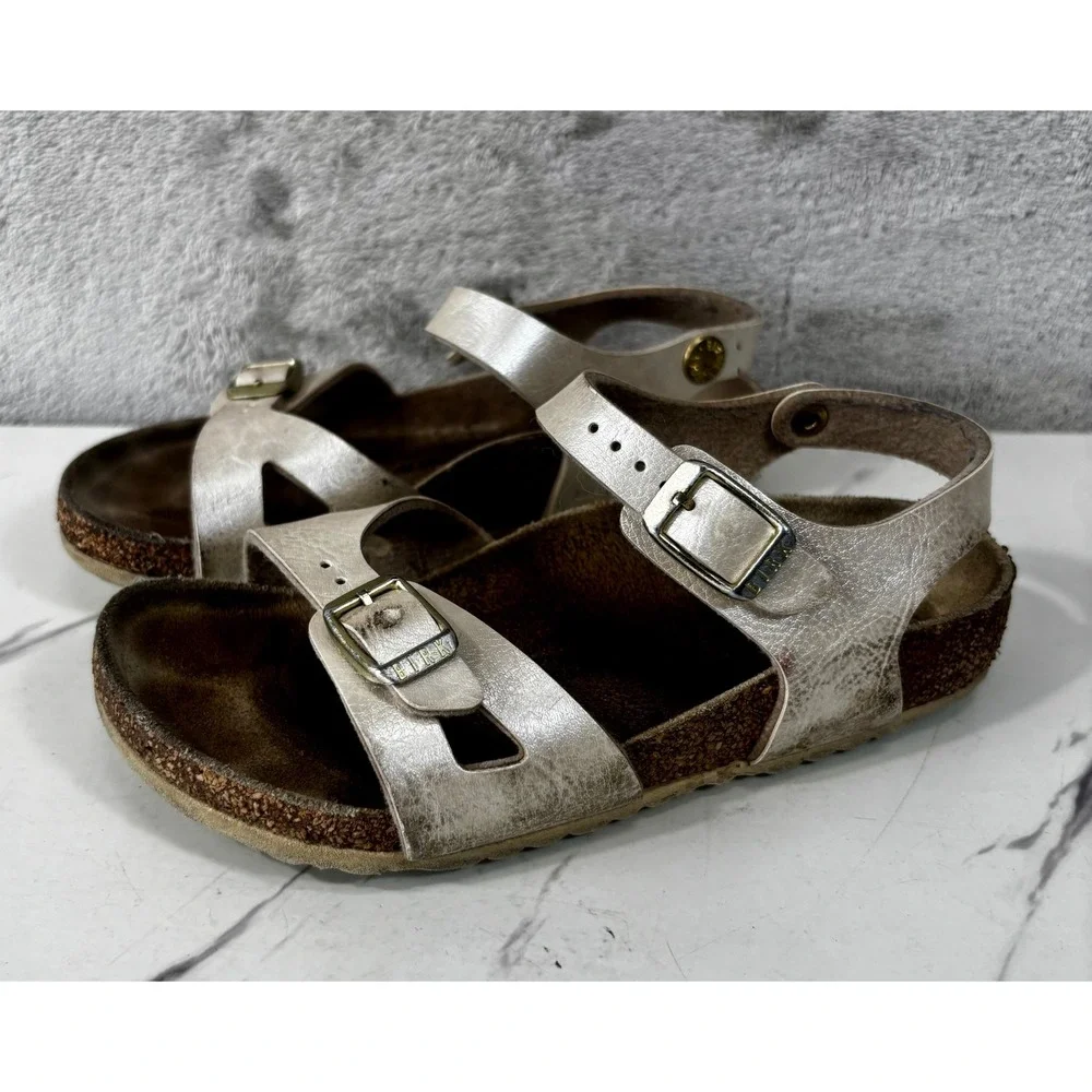 Birkenstock Rio Sandals Kids 12 30 Silver Good Metallic Strappy Cork Footbed